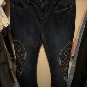 Shyanne Dark Blue Men's Straight Jeans with Tan Embroidery